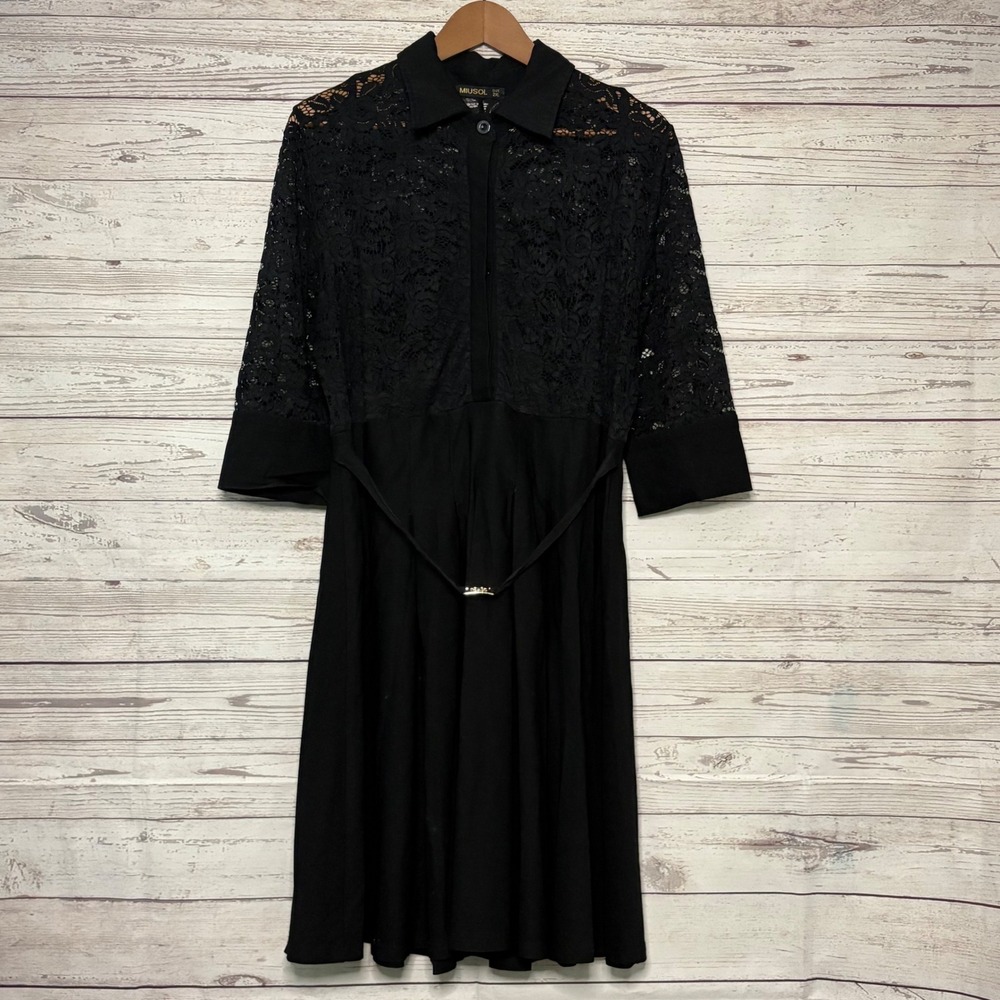 Miusol Black Floral Lace 3/4 Sleeve Pleated Fit and Flare Cocktail Dress 2XL
